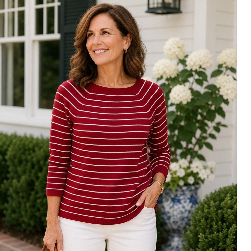 Y2K Ann Taylor Red White Striped Boat Neck 3/4 Sleeve Knit Top Preppy Nautical S